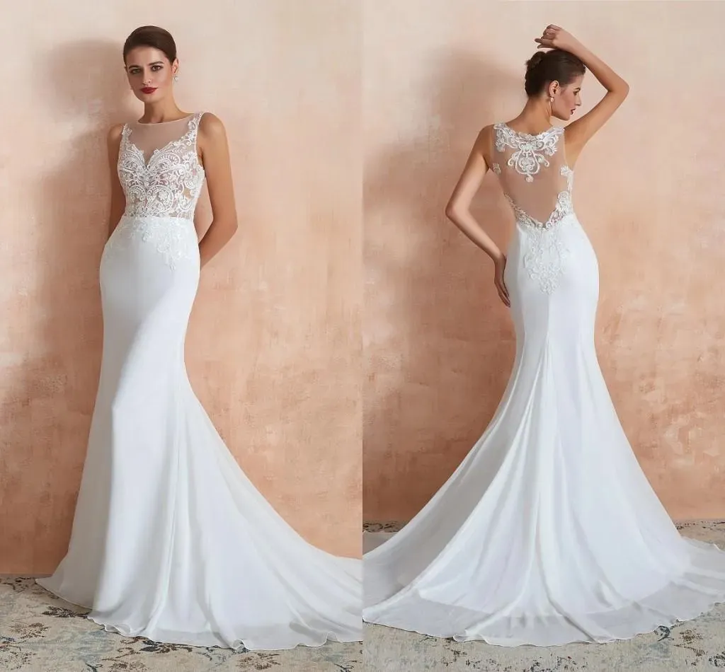 Garden 2024 Boho Mermaid Wedding Gowns Sheer Neck Lace Appliques Illusion Back Brides Resses Simple Chiffon Sweep Train Robes De Mariee Summer Beach Vestidos