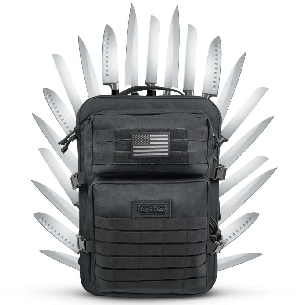 Sac Chef Tactical Bärande fodral med 30+ fickor och kulinarisk knivarrangörväska för kockar | Knivverktyg ingår inte (taktisk ryggsäck (XL))