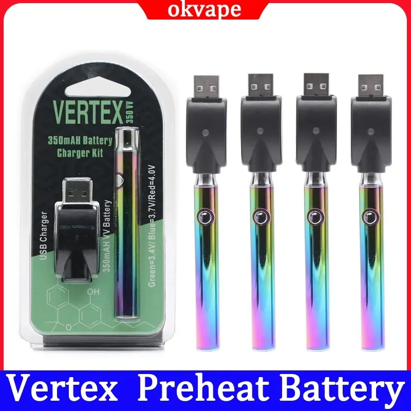 Vertex Rainbow 350mAh Batteri Förvärm justerbara Voltagebatteries Blister USB -laddare för 510 tråd E Cigs Vape Pen