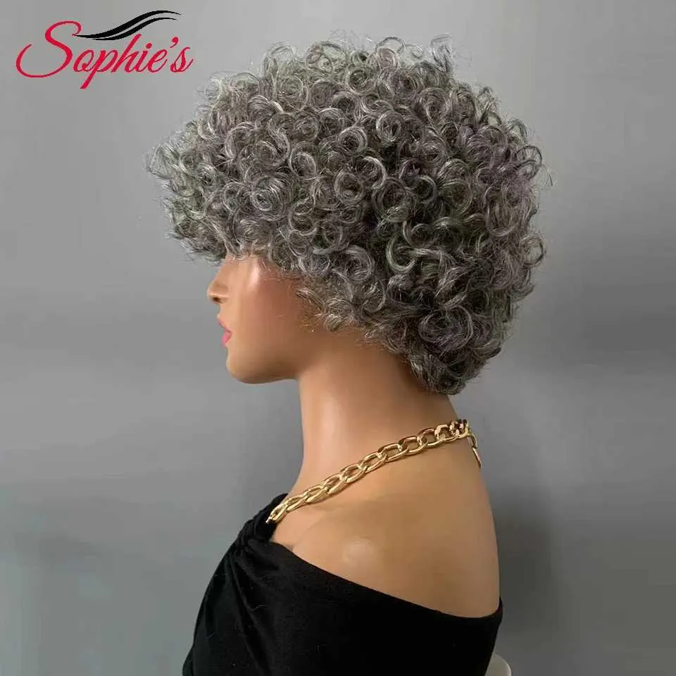合成ウィッグソフィー灰色の人間の髪のウィッグショートカーリーウィッグフルマシンメイドウィッグ180％密度ブラジルの髪髪の女性240329