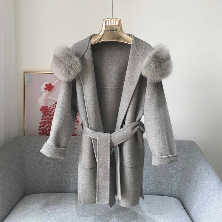 Sale Winter Fox Fur Collar Women Dresses Coat with Fluffy Trim Cashmere Wool