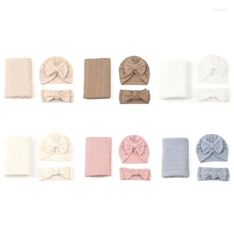 Filtar 3st Baby Swaddle Filt med Born Hat Bowknot pannband som tar emot wrap bow pannband för spädbarnspojke