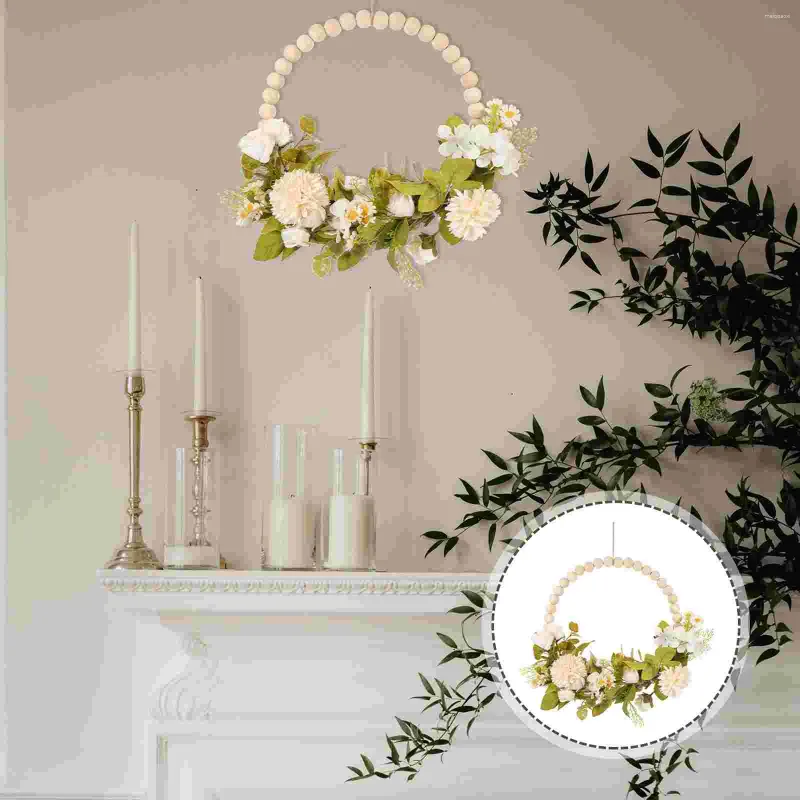Flores decorativas decoração de contas de madeira falsa, guirlanda de porta frontal, decoração suspensa, estilo europeu, casamento, adereço branco