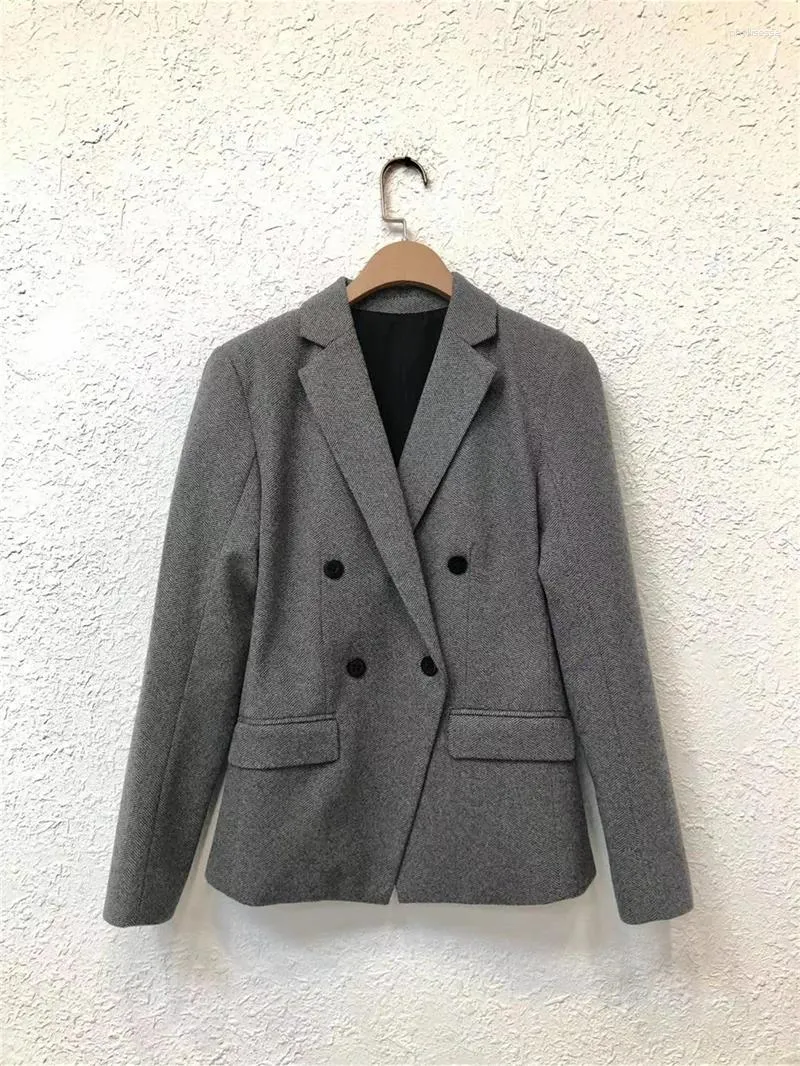 Women's Suits Women Gray Wool Blend Blazer Double Breasted Commuting Style Office Lady Split Hem Design Suit Coat 2024 Fall Winter