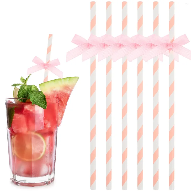 Disposable Cups Straws Striped Paper Drinking 60Pcs Bow Pink White