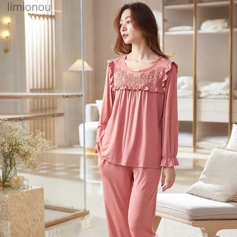 Kvinnors sömnkläder Kvinnor Round Collar Pyjama Set Princess Lace Lady Soft Modal Pyjamas Set Big Yards M-3XL Sleep Loungewear Nightclothesc24319