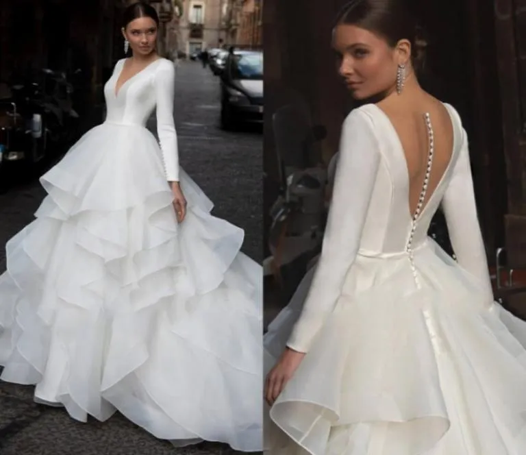 Mariage Romantic Vneck Long Sleeve Wedding Dress 2021 Ruffles Organza Court 기차 Sheer Princess Bride Gown Plus 신부 DRES2671382
