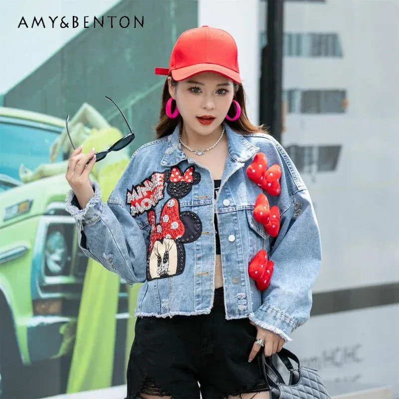 Potdemiel Fashion Brand Jeans Coat Women Spring Autumn Heavy Industry Cartoon Sequins High Street LooseFitting Denim Coats 240311