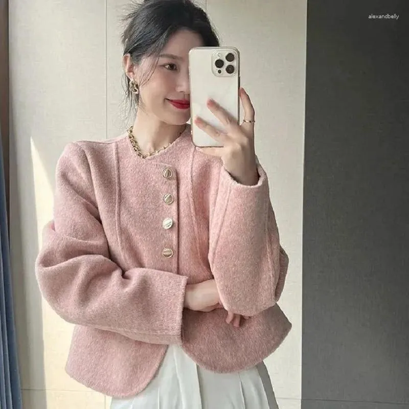 Damenjacken Harajuku Elegant Kurzer Wollmantel Frauen Koreanischer Luxus Solide Einreiher Altes Geld Stil Lose Oberbekleidung Herbst Winter