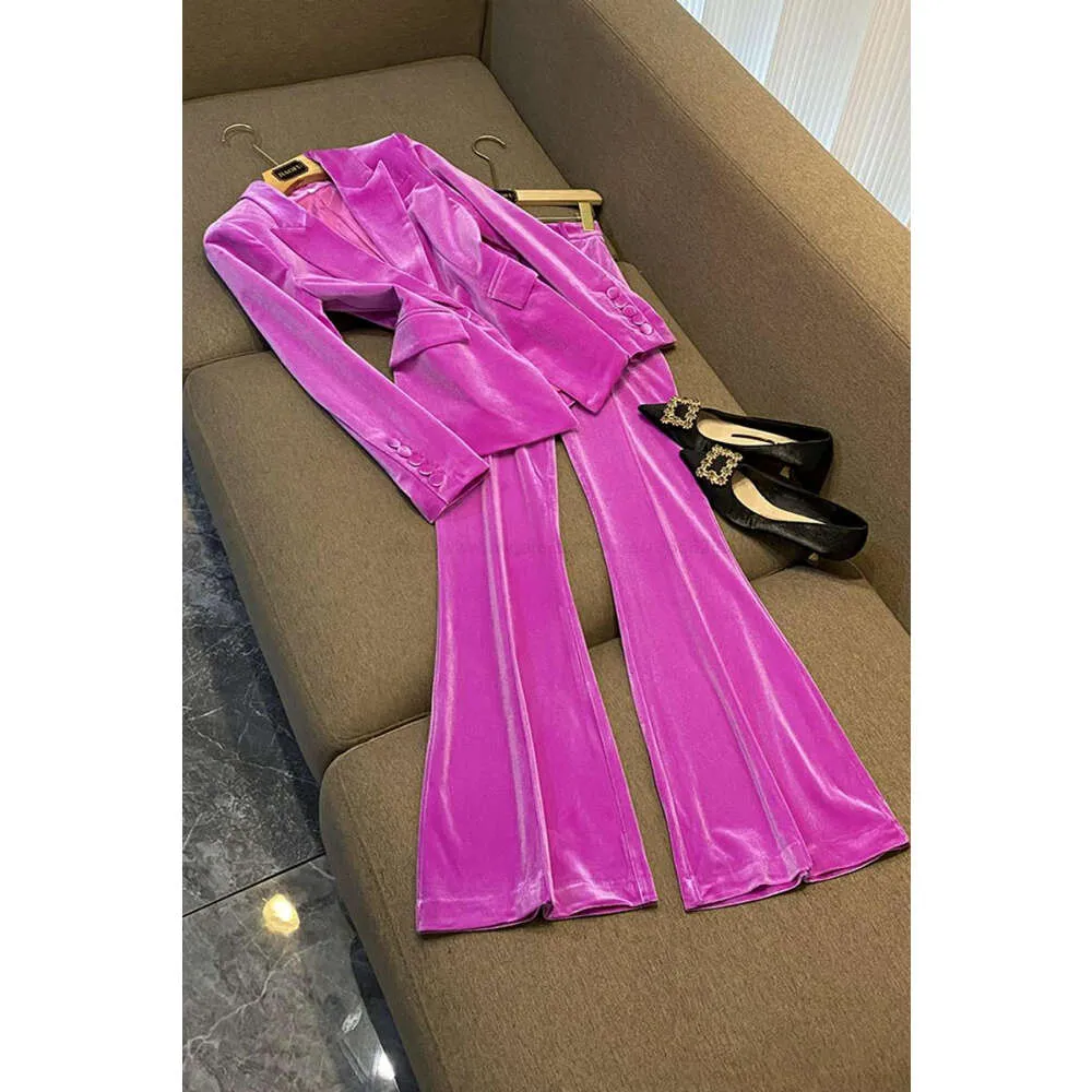 2024 Autumn Magenta Velor Two Piece Pants Set Long Sleeve Notched-Lapel Single-Breasted Blazer Blazers Top Flare byxor Byxor Set O3G302571