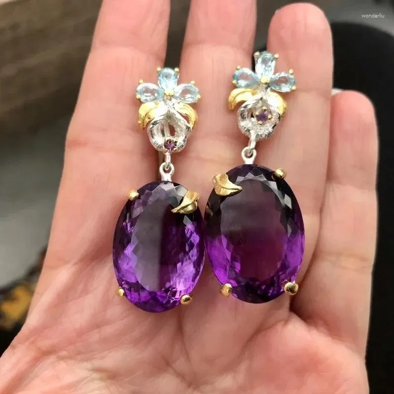 Boucles d'oreilles pendantes de luxe pour femmes, couleur argent, fleur incrustée de Zircon, coupe ovale, pierre violette, goutte, bijoux haut de gamme