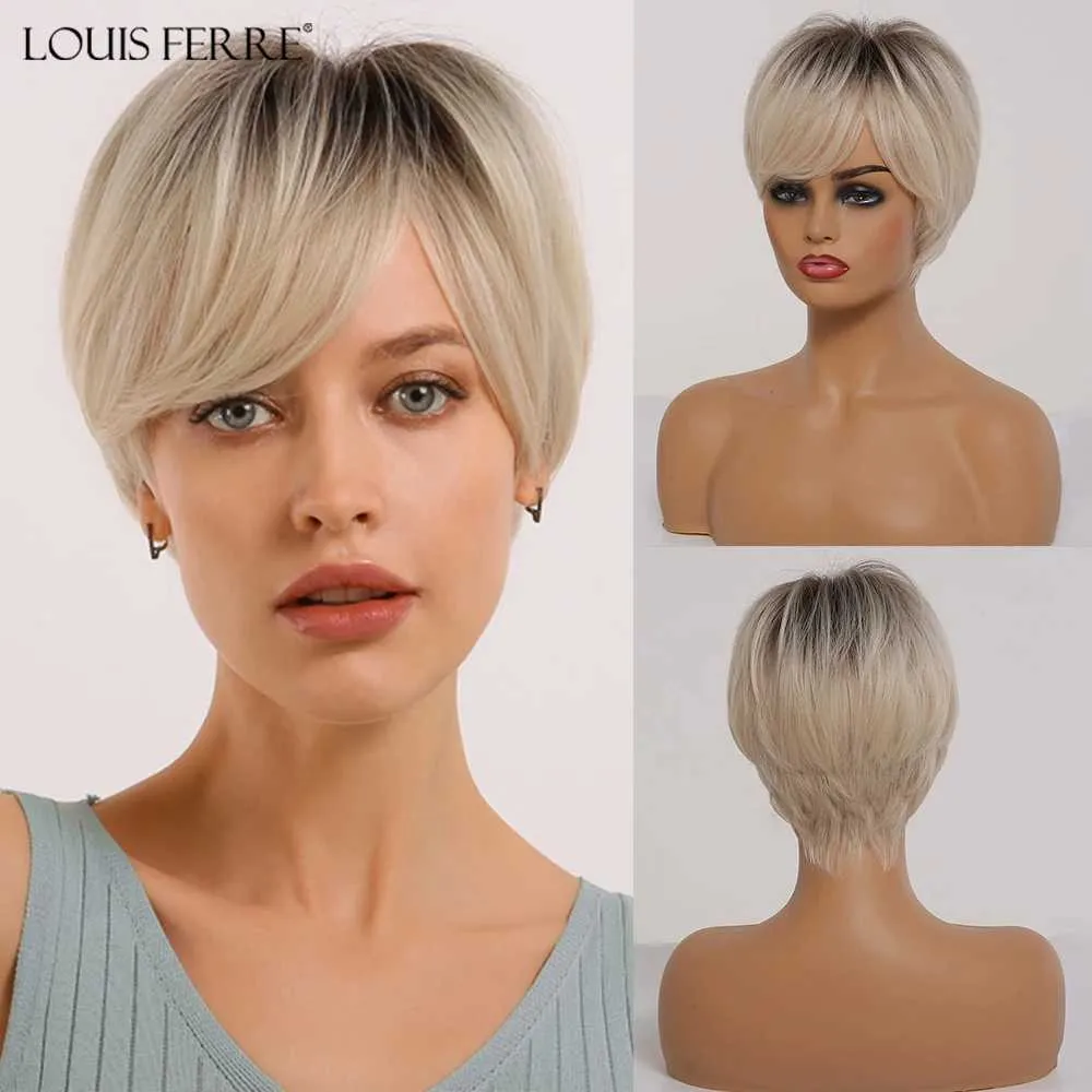 Parrucche sintetiche Parrucche cosplay Ombre corte Biondo cenere Parrucche sintetiche bianche con frangia per donna nera Parrucca pixie cut platino Cosplay Capelli finti ad alta temperatura 240329