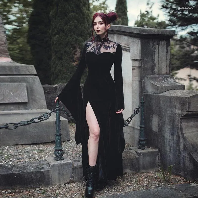 Casual Dresses Elegant Chic Gothic Women's Floral Blooming Back-Slit Flare-Sleeve Mock Neck Maxi Dress Black Solid