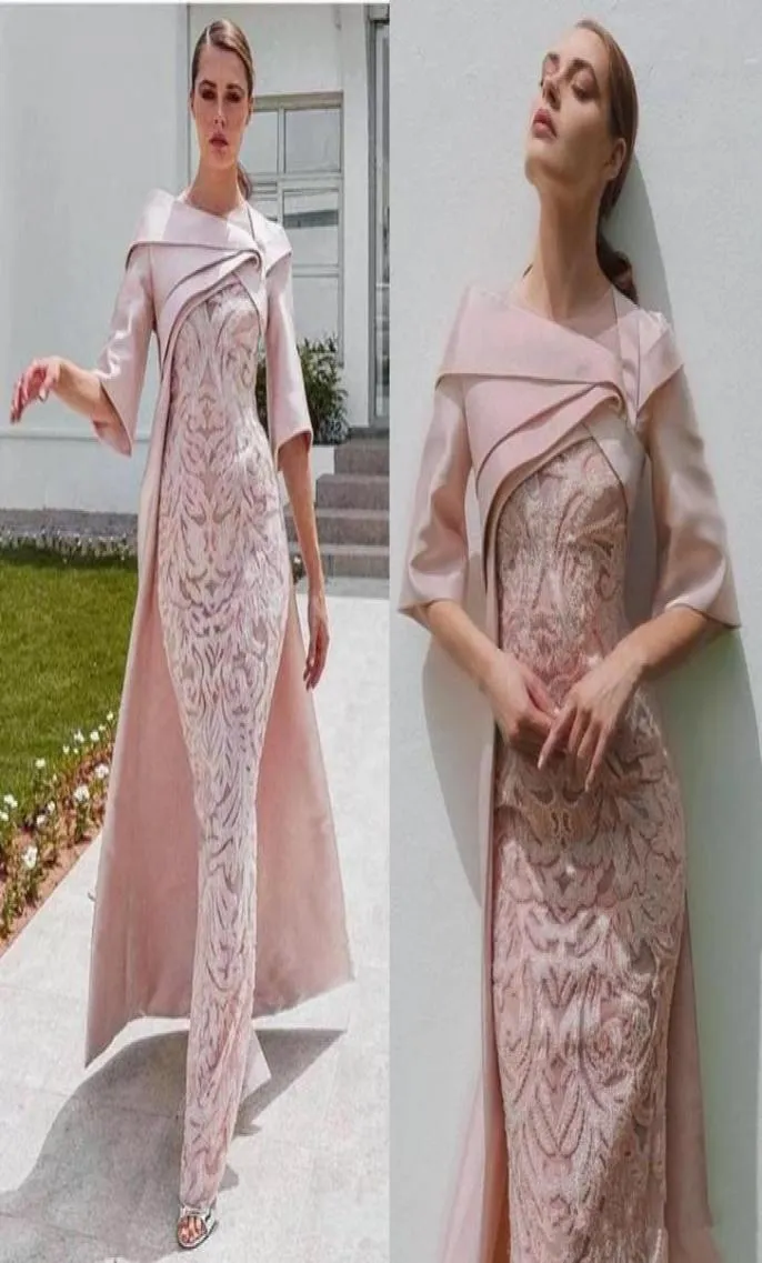 Élégant africain Dubaï 2020 robes de soirée avec Cape Blush rose dentelle tache demi manches formelle fête occasion robe de bal robes de s5627200