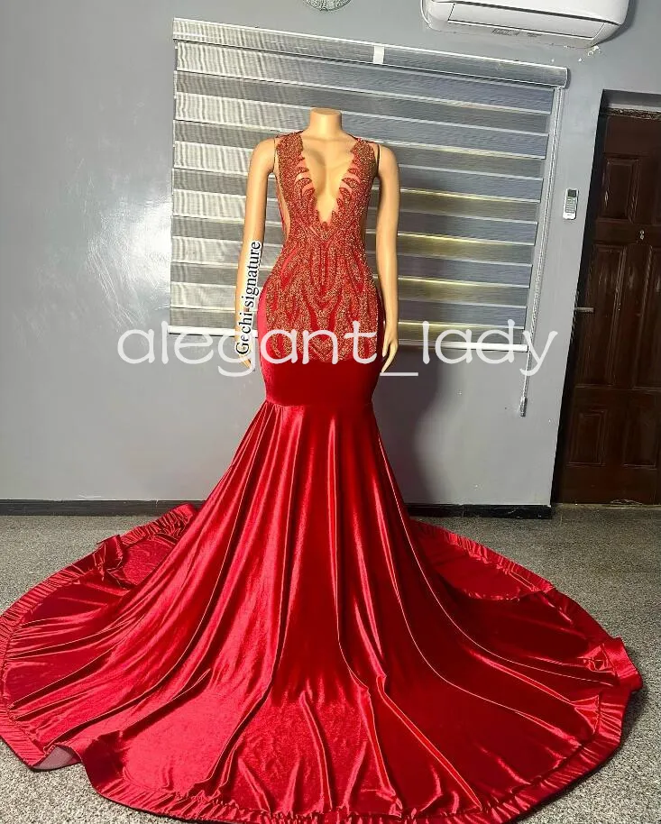 赤いキラキラした長いマーメイドプロムセレモニーブラックガールラグジュアリーダイヤモンドクリスタルビーズイブニングバースデーガラガウンのためのドレス