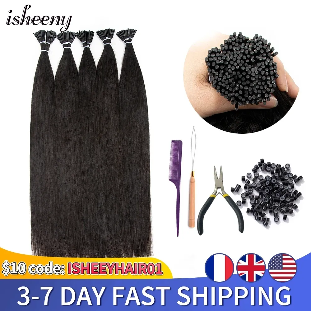 Extensions Isheeny Micro Link I Tip Hair Extensions 12"26" Virgin Human Hair Straight Micro Ring For Black Girls Natural Color With Beads