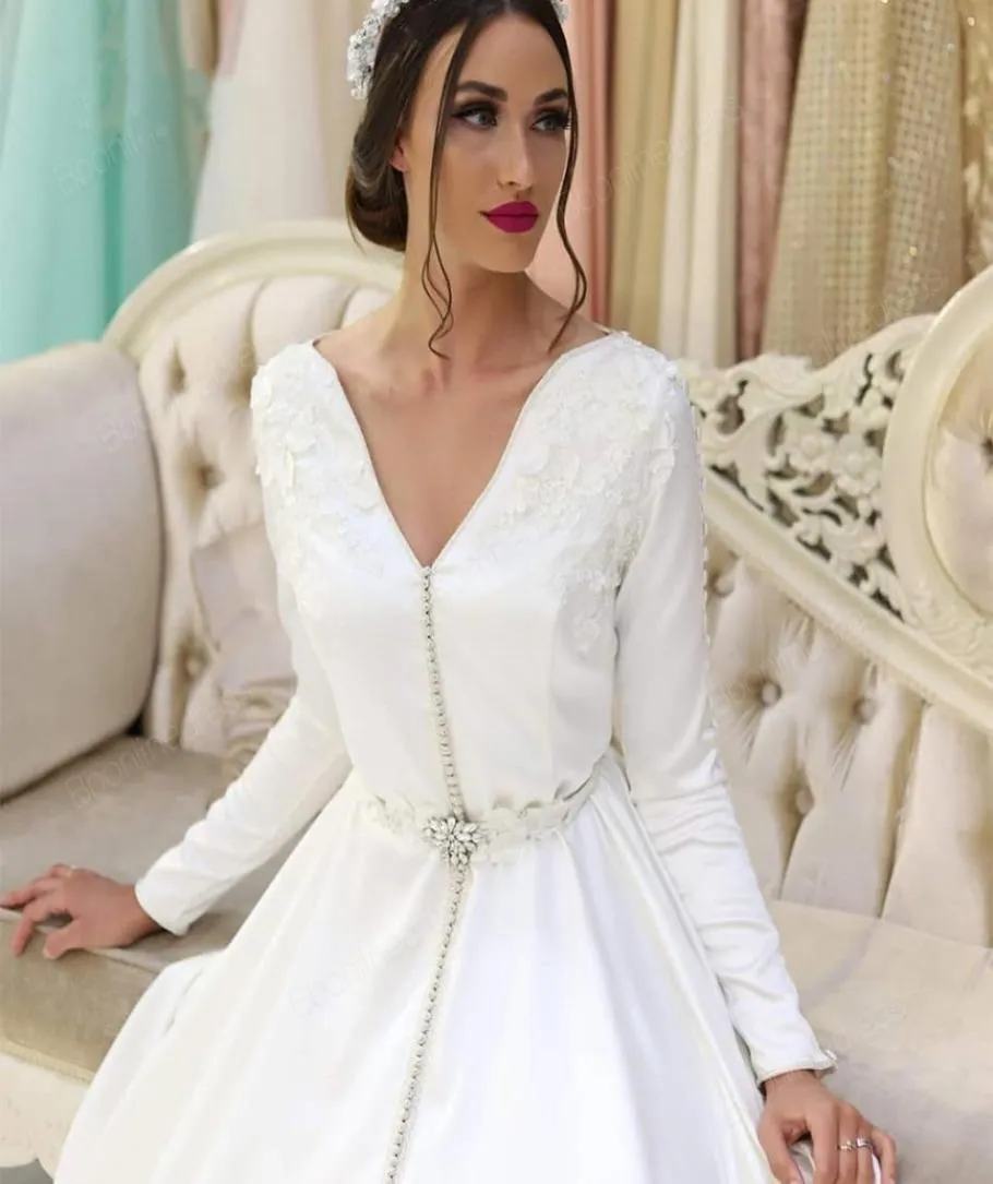 Moroccan Kaftan Evening Dresses 2020 White Appliques Long Evening Dress Full Sleeve Arabic Muslim Prom Party Dress3107821