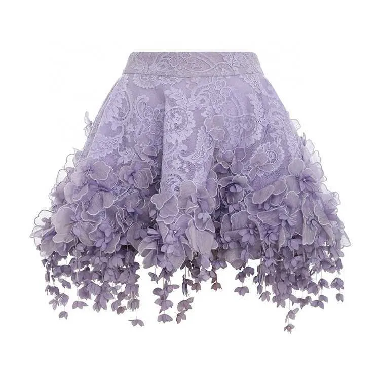 Custom OEM Luxury Lined High Floral Embroidered Lace Floral Fringe Flip Cute Mini Skirt