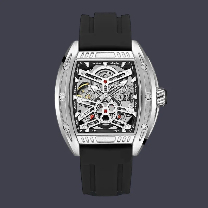 Relógio automático homem banhado a prata movimento mecânico designer relógios perfeito elegante montre luxe esqueleto mostrador quadrado relógio de pulso à prova d'água sb060 C4