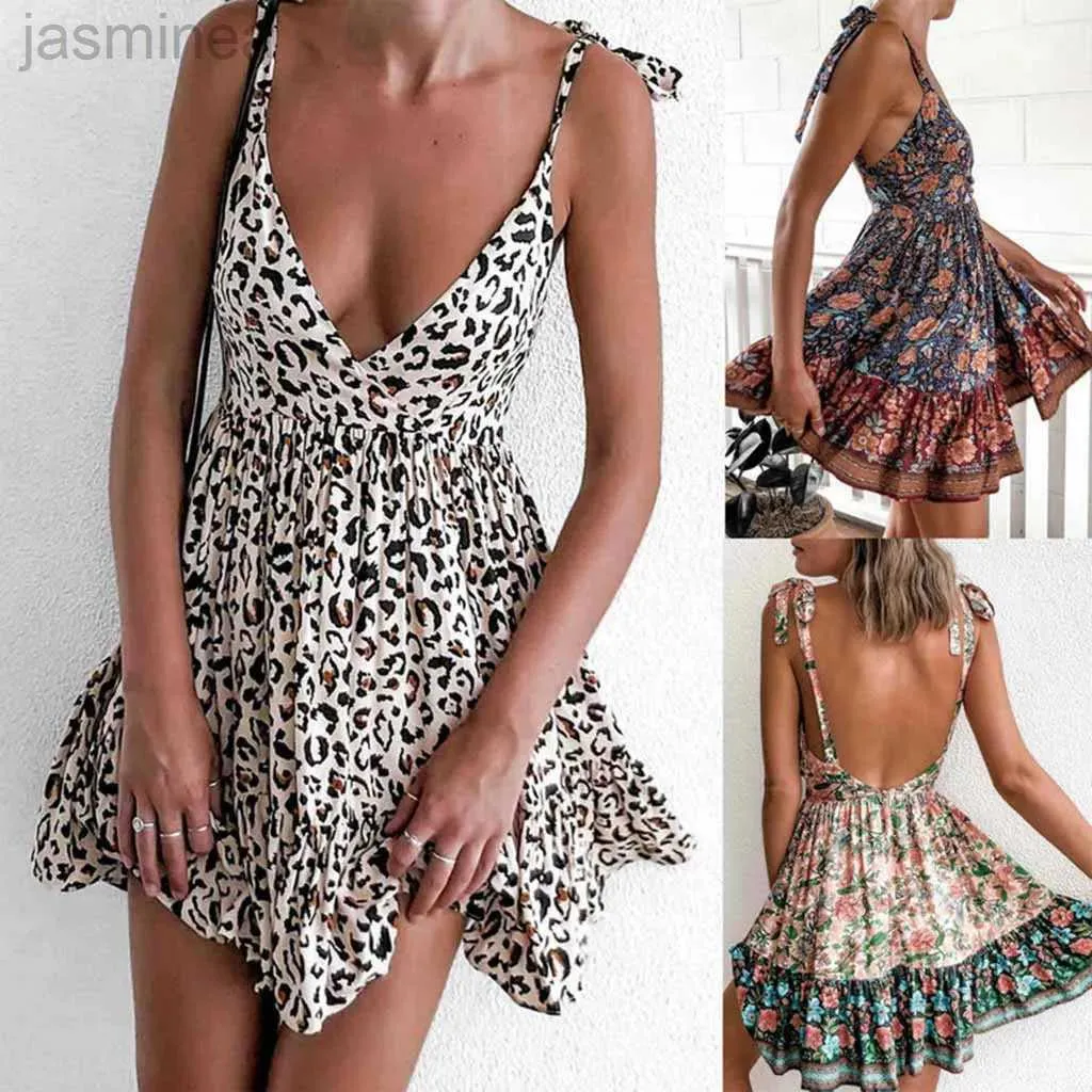 Basic Casual Jurken Sexy V-hals Boheemse Vrouwen Jurk Zomer 2023 Boho Jurken Gewaad Bloemen Spaghetti Bandjes Gedrukt Ruglooze Strand femme Mini-jurk 24319