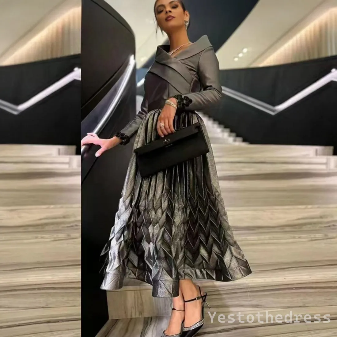 Elegant Silver Mother of The Bride Modest Evening Gowns - Short T-Length Formal Dress with Unique Neckline, Long Sleeves, and Pleated Groom's Dress
