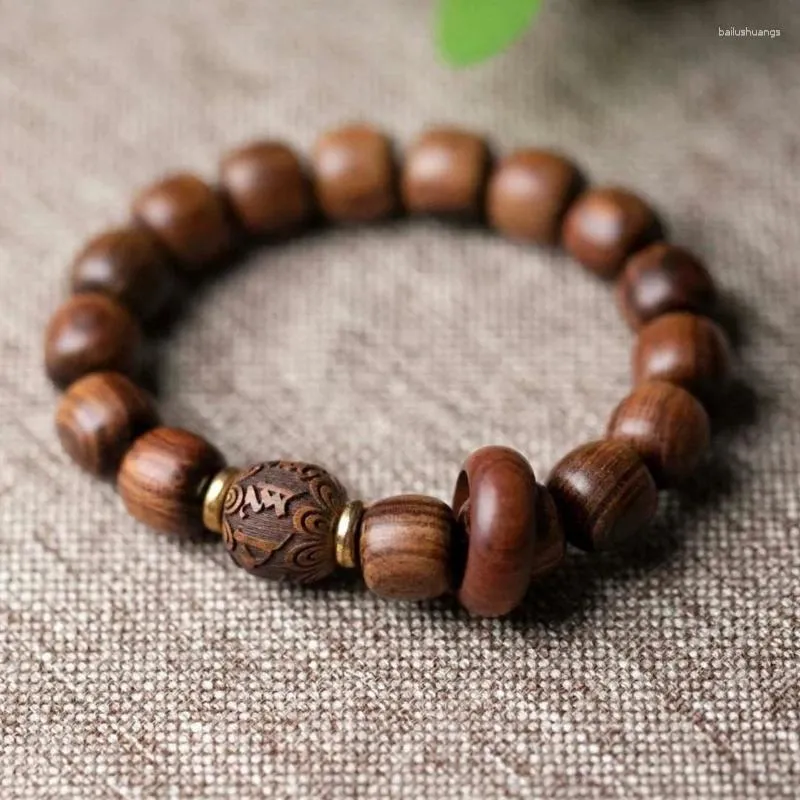 Strand Hua Li Mu Intagliato Sei Caratteri Mantra Buddha Bracciale con perline Piatto a secchiello Gioca a Cerchio singolo Nicchia in legno