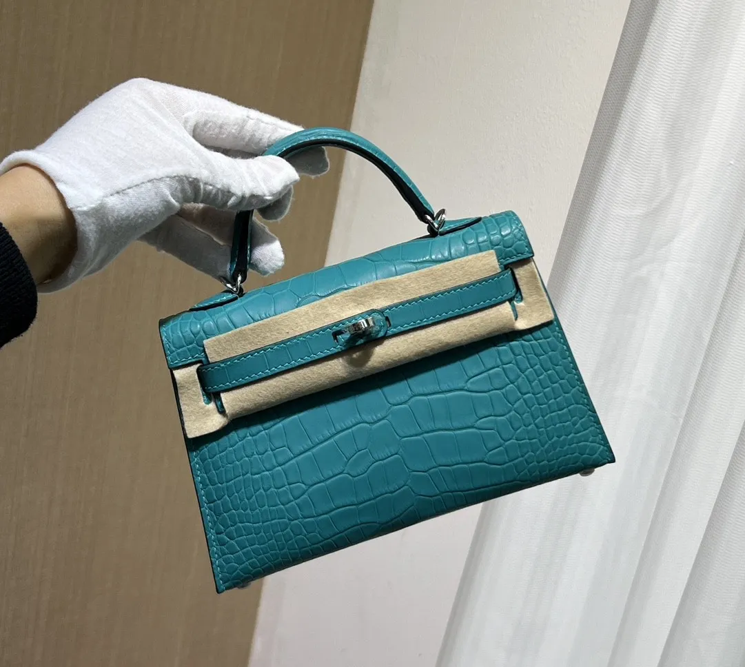 Brand Mini Purse Luxury Handbag Real Matte Crocodile Le cuir en cuir 19,5 cm de qualité entièrement faite à la main