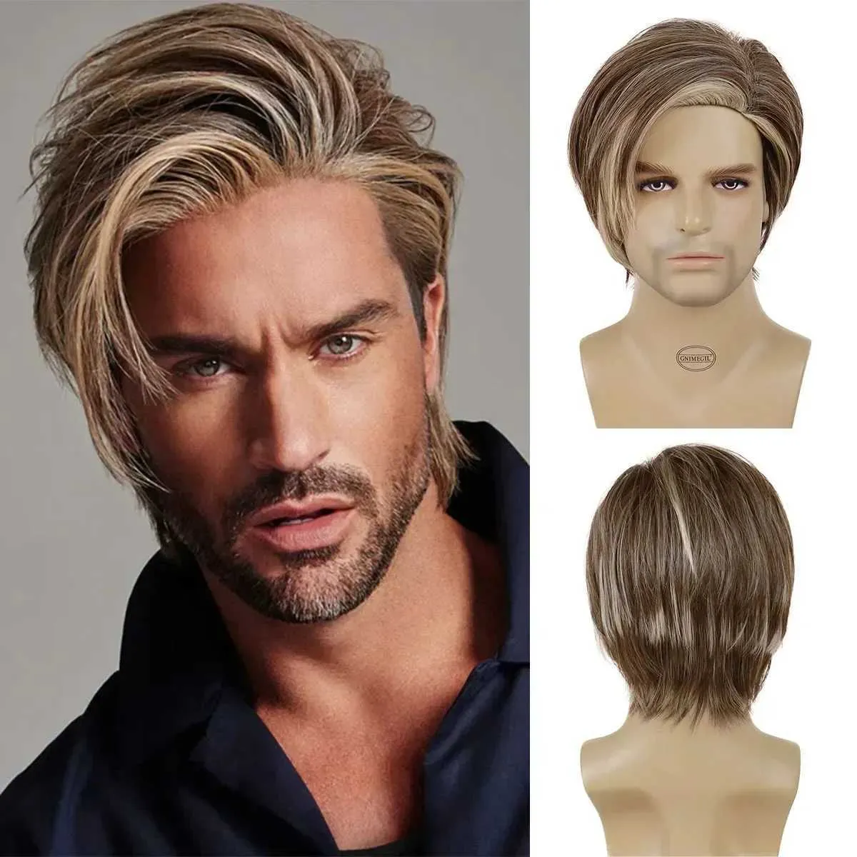 Synthetic Wigs Lace Wigs GNIMEGIL Mens Wig Natural Short Straight Synthetic Wigs for Men Brown Mix Blonde Highlight Wig Male Side Parting Bangs Cosplay 240328 240327