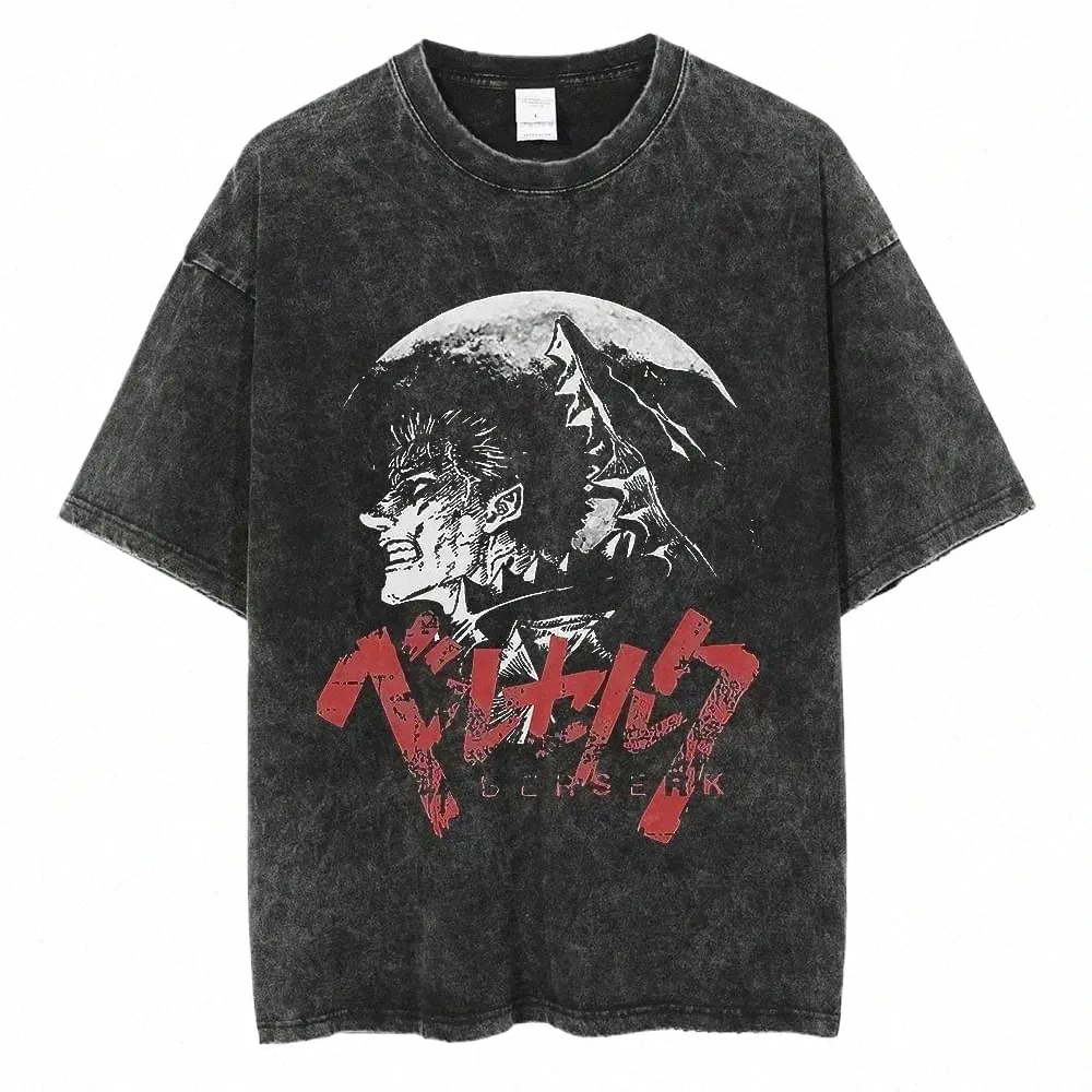 men's T-Shirts Anime Berserk Printed Tshirt Black 100% Cotton Tshirts Guts Washed Retro T-Shirt Y2k Short-Sleeved Shirts Summer Streetwear Tops 230413 C8pv#