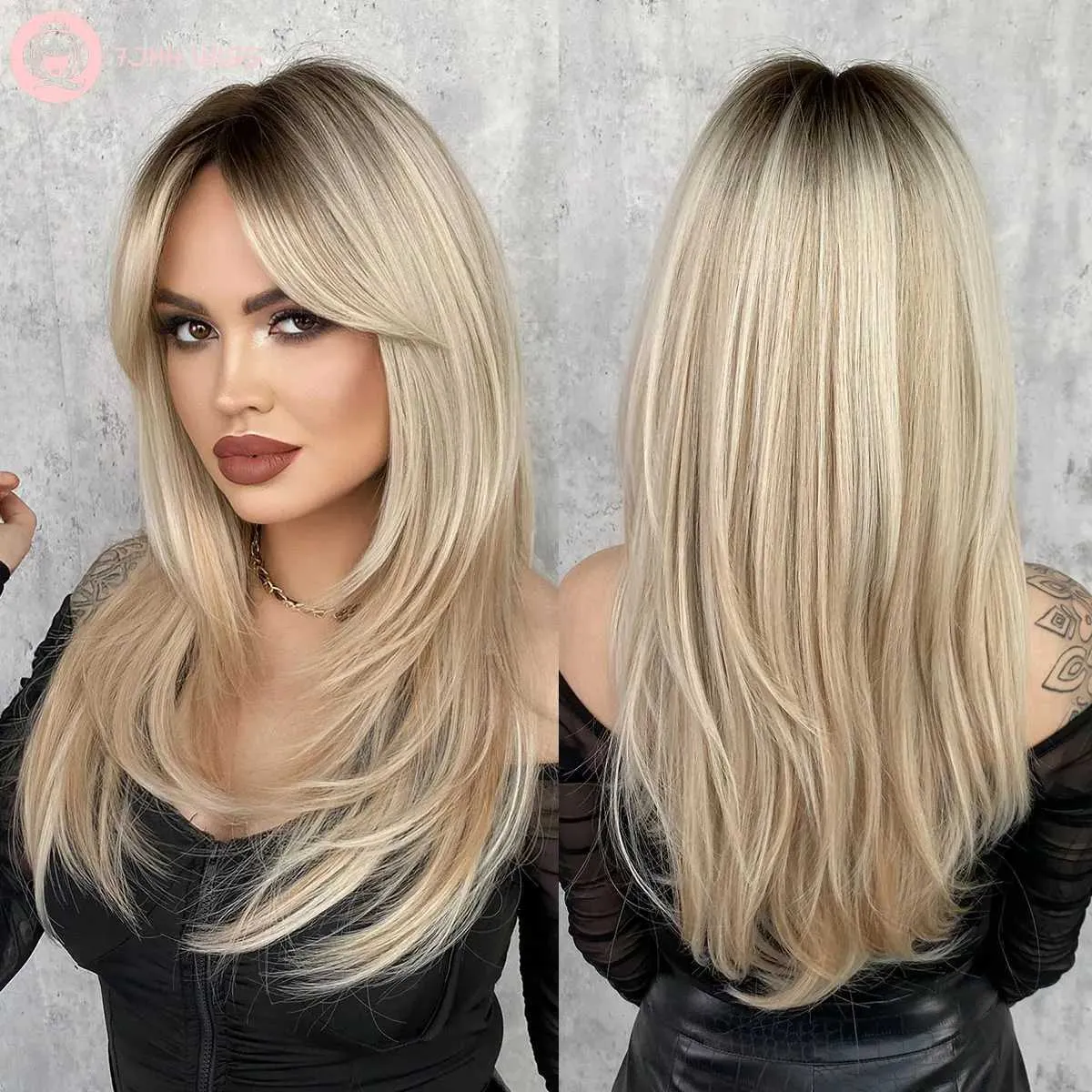 Synthetische pruiken Kanten pruiken 7JHH PRUIKEN Natuurlijke lange rechte Ombre-pruiken Synthetische lichtblonde pruik voor dames Dagelijks Cosplay Middenscheiding Hittebestendige vezel 240328 240327