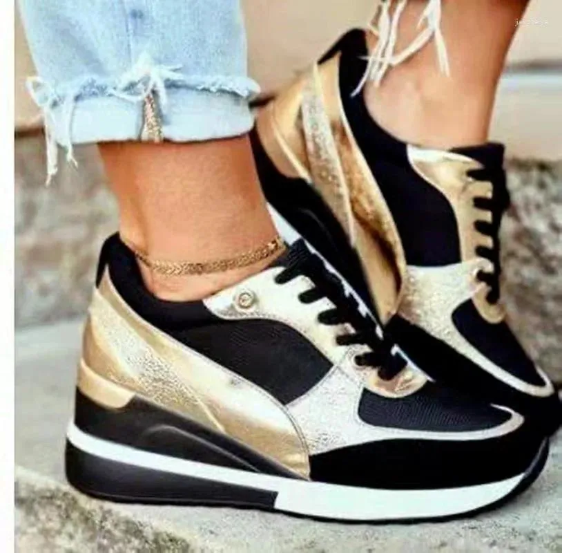 Casual Shoes 2024 Autumn Winter Color Matching Spring Low-top Daily Black Gold Breattable Round Toe Women Slope Heel Female