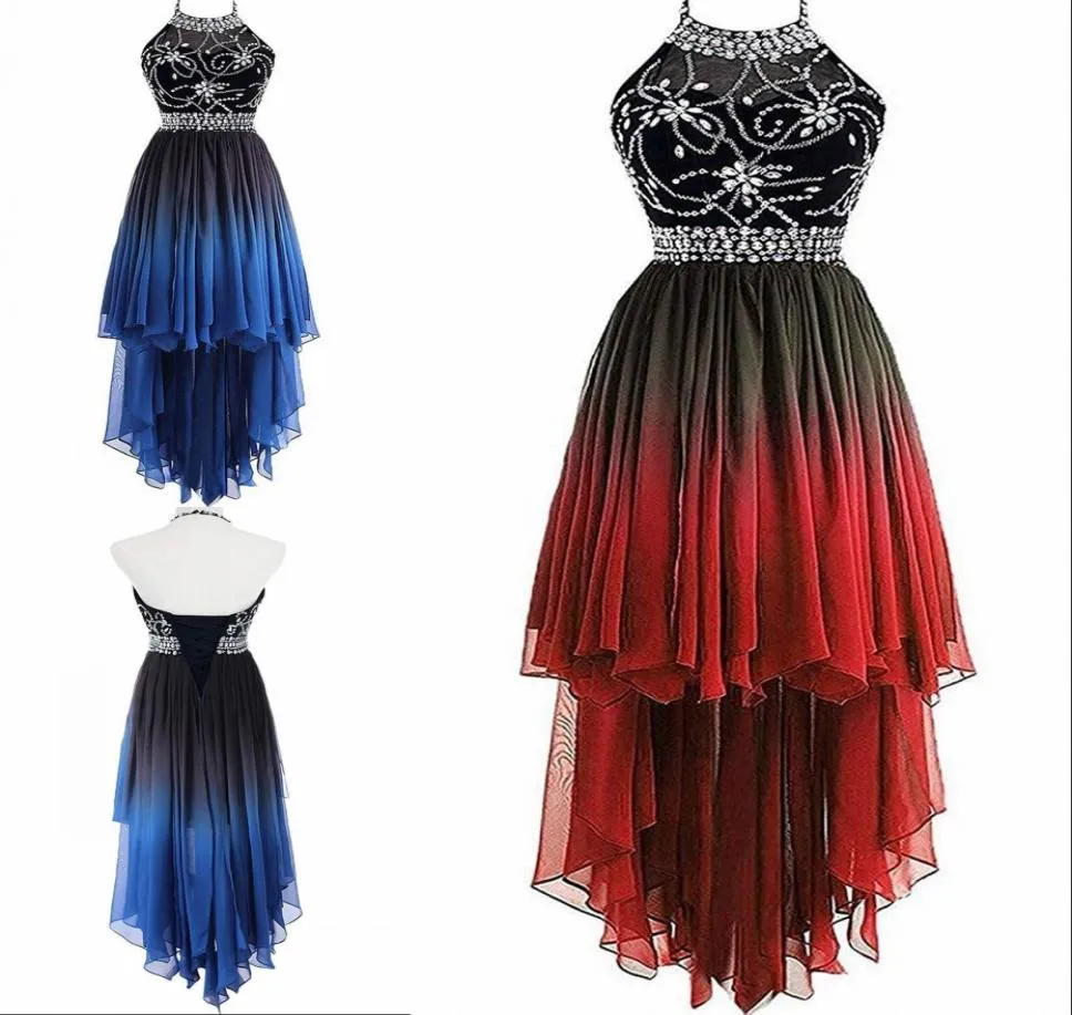 매력적인 저급 그라디언트 Ombre 2022 Prom Homecoming Party Dresses Halter Crystal Beaded Chiffon Backless 신부 들러리 저녁 DRES4266781