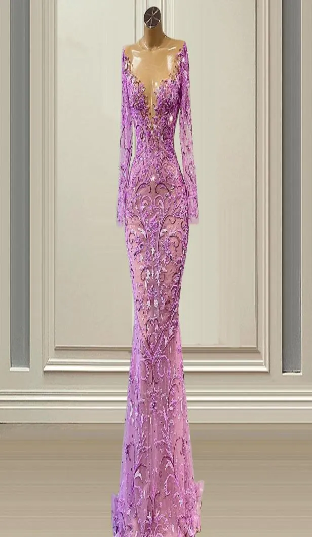 Glamous Mermaid Evening Dress 2022 Lace Long Sleeve Doolder Prom Downs Illusion v Neck Dresses Vestidos de Novia2522022