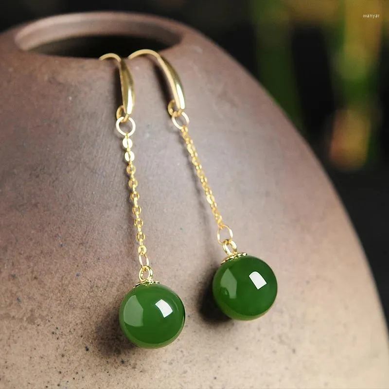 Boucles d'oreilles pendantes en or 18 carats de haute qualité incrustées de perles de jade naturelles authentiques et boule Tianyu pour femmes