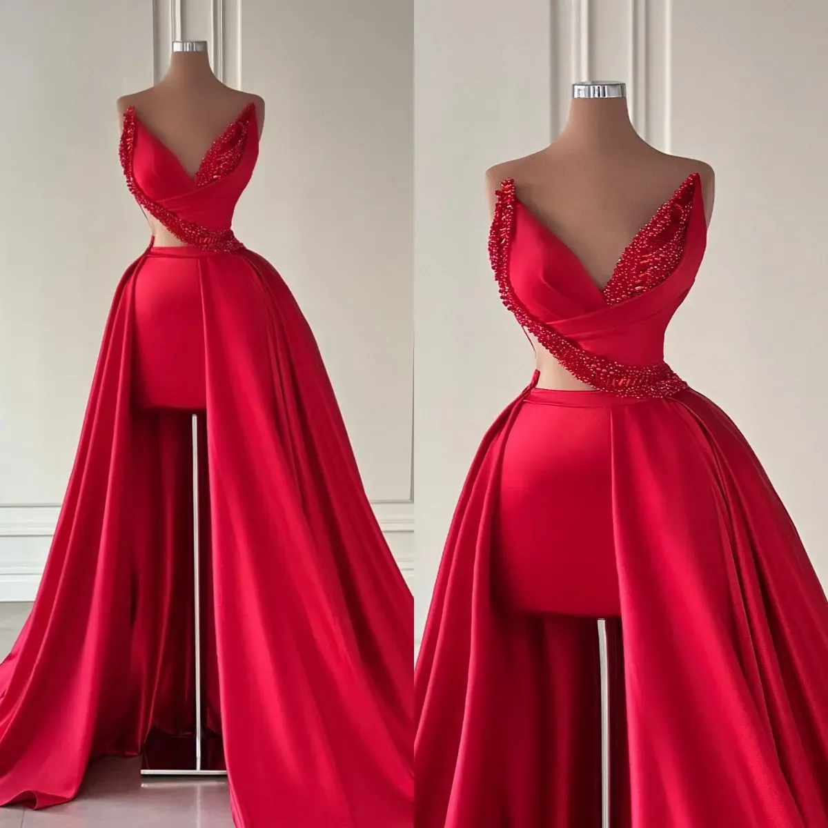 Vestido De noche rojo elegante con sobrefaldas cuello en V vestido De graduación con cuentas vestidos De satén para ocasiones especiales bata De cola De barrido