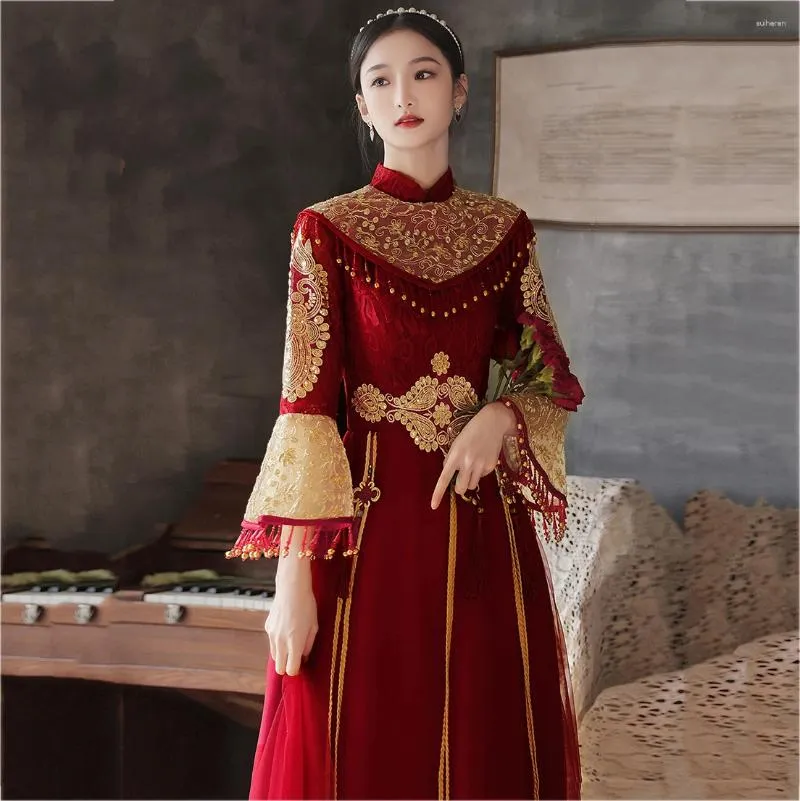 Ropa étnica Novia china Vestido de novia Qipao Clásico Mandarin Collar Cheongsam Fiesta de noche Patchwork Bordado Encaje Maxi