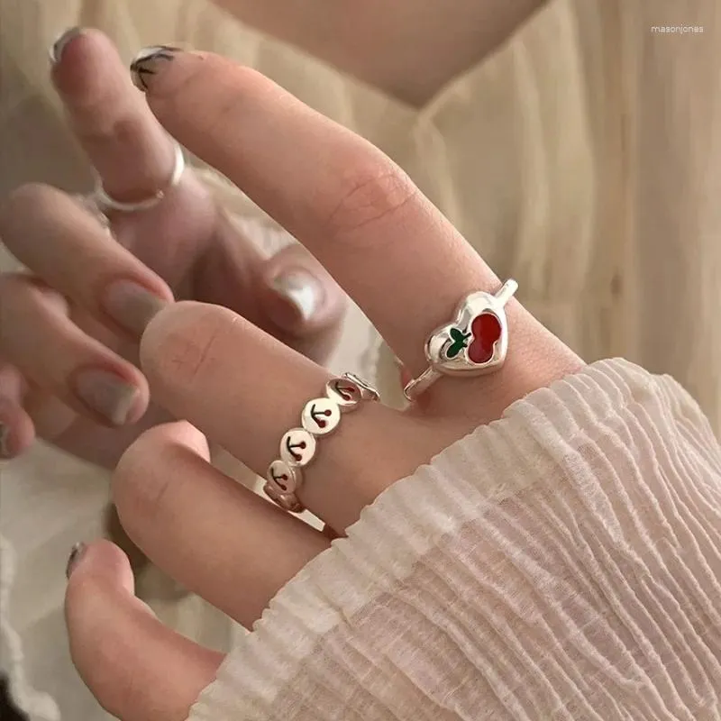 クラスターリングVentfille 925 Sterling Silve Fruit Cherry Ring for Womenギフト素敵な甘いロマンチックな韓国ドロップワイズグレーズジュエリードロップ