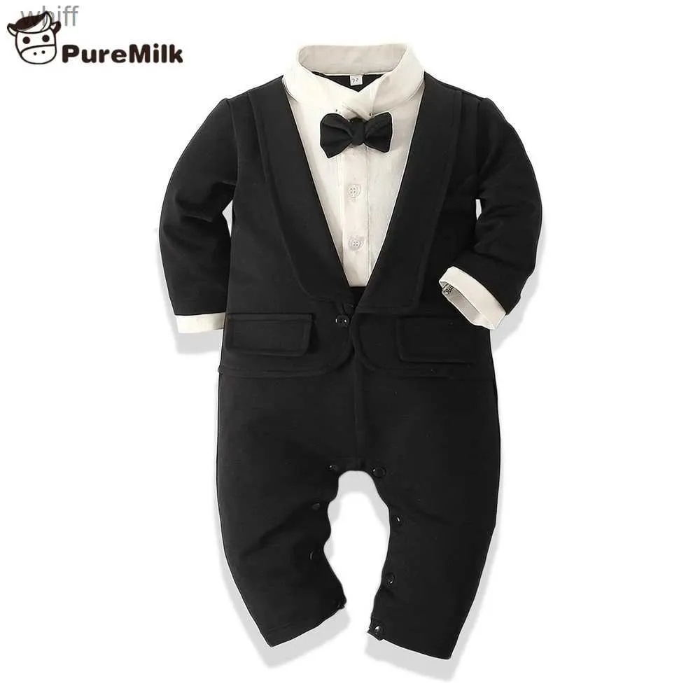 Barboteuses PureMilk nouveau-né bébé garçon vêtements coton doux longues barboteuses blanc/noir pour bébé body combinaison C24319