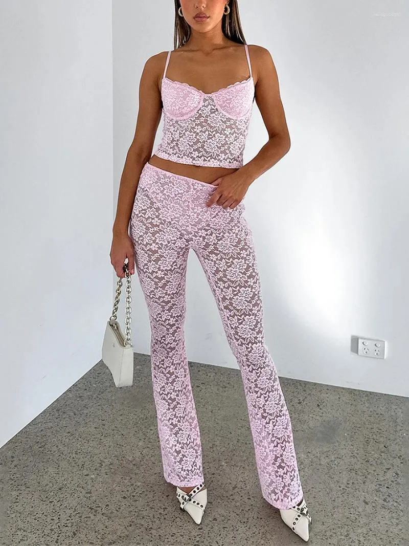 Pantaloni a due pezzi da donna in pizzo floreale trasparente 2 abiti per le donne Sexy aderente senza maniche canotta Crop Top e pigiama Lounge Set