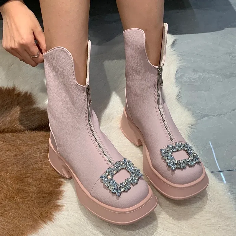 Boots Brand Crystal Luxury Women Shoes Shoes Platform Chelsea Enkle Boots 2023 Winter Nieuwe Designer Punk Zipper Boots Motorcycle Botas