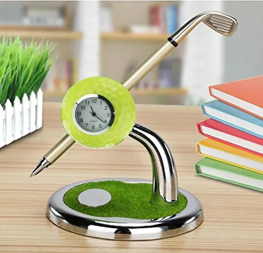 AIDS Crestgolf Golf Gift Golf Ball Design Pen Holder Desktop med en Mini Club Shape Pen och en Watch Golf Accessoires