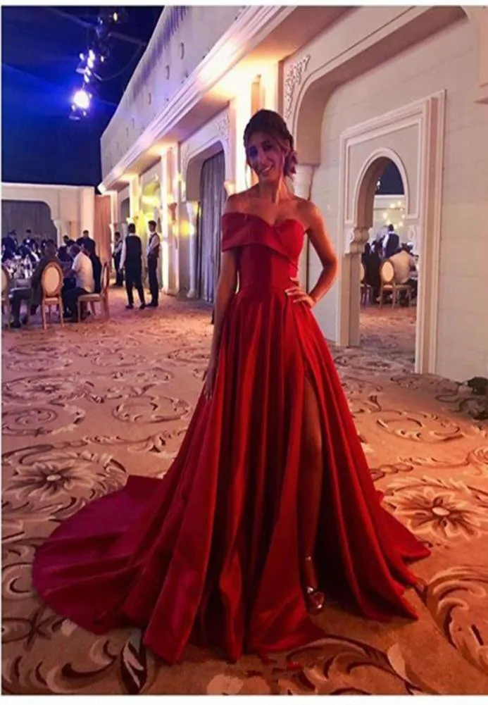 Modest Red Sweetheart One Shoulder Evening Dresses High Side Split Satin A Line Long Sweep Vestidos De Novia Zipper Back Bride Gow3506253