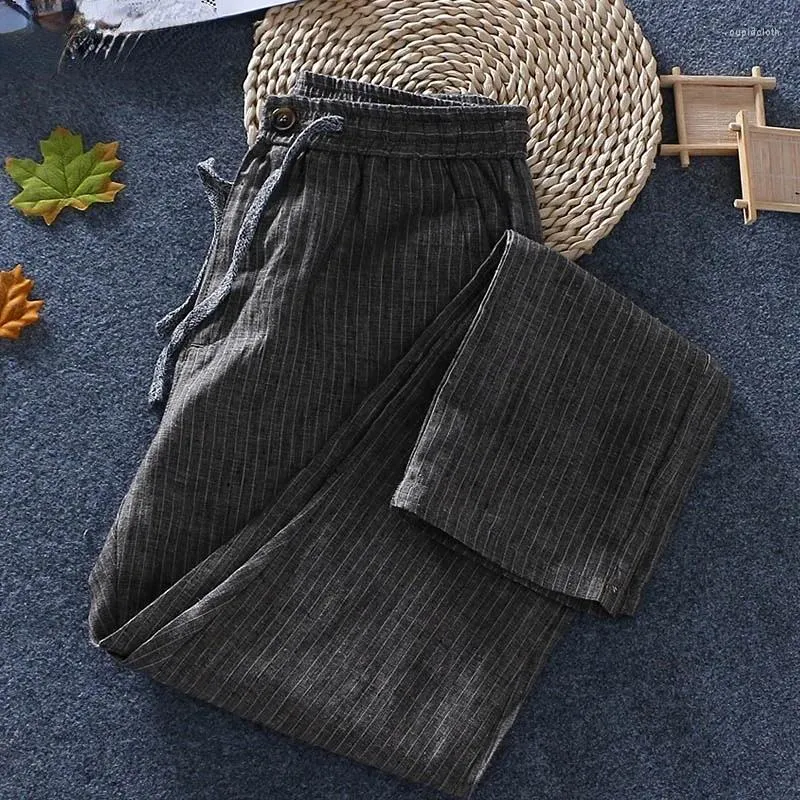 Men's Pants Pure Linen Striped Men Casual Elasticated Waistband Drawstring Chinese Size Summer Thin Trousers