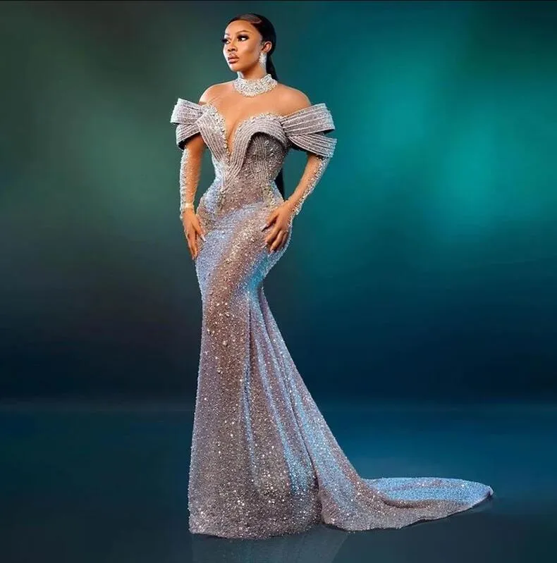 Luxury Silver Crystals Beaded Mermaid Evening Dresses African 2024 Aso Ebi High Neck Sheer Long Sleeves Ruffles Formal Party Dress Event Gala Gowns 0319