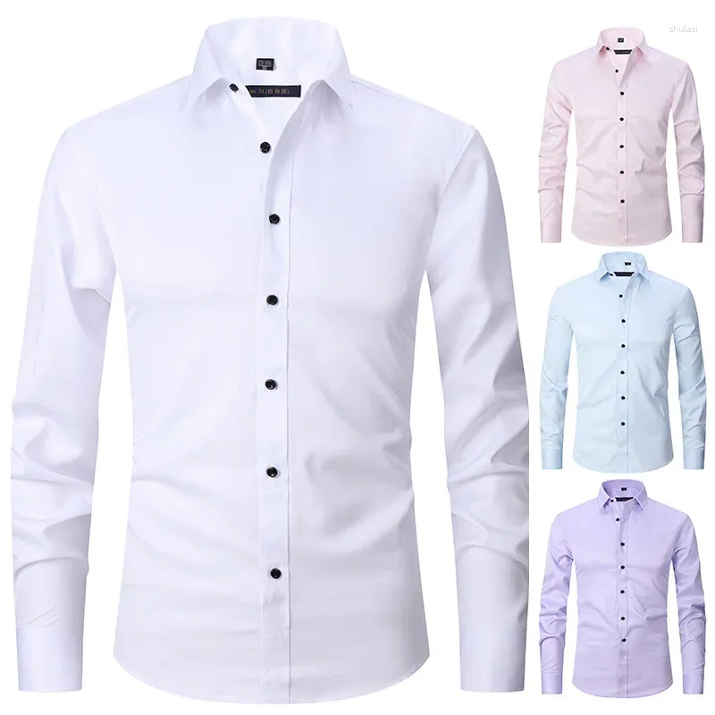 Camisas casuales para hombres Camisa elástica de cuatro lados Manga larga Amazon -Venta de negocios sin costuras y sin planchado Blanco