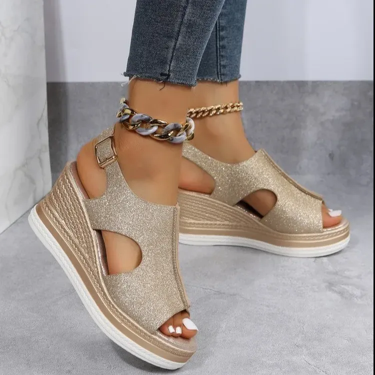 Sandals Casual Open Toe Sandals for Wide Feet Women Cut Out Glitter Slingback Wedge Sandals For Women Sandals Roman Platform Sandals