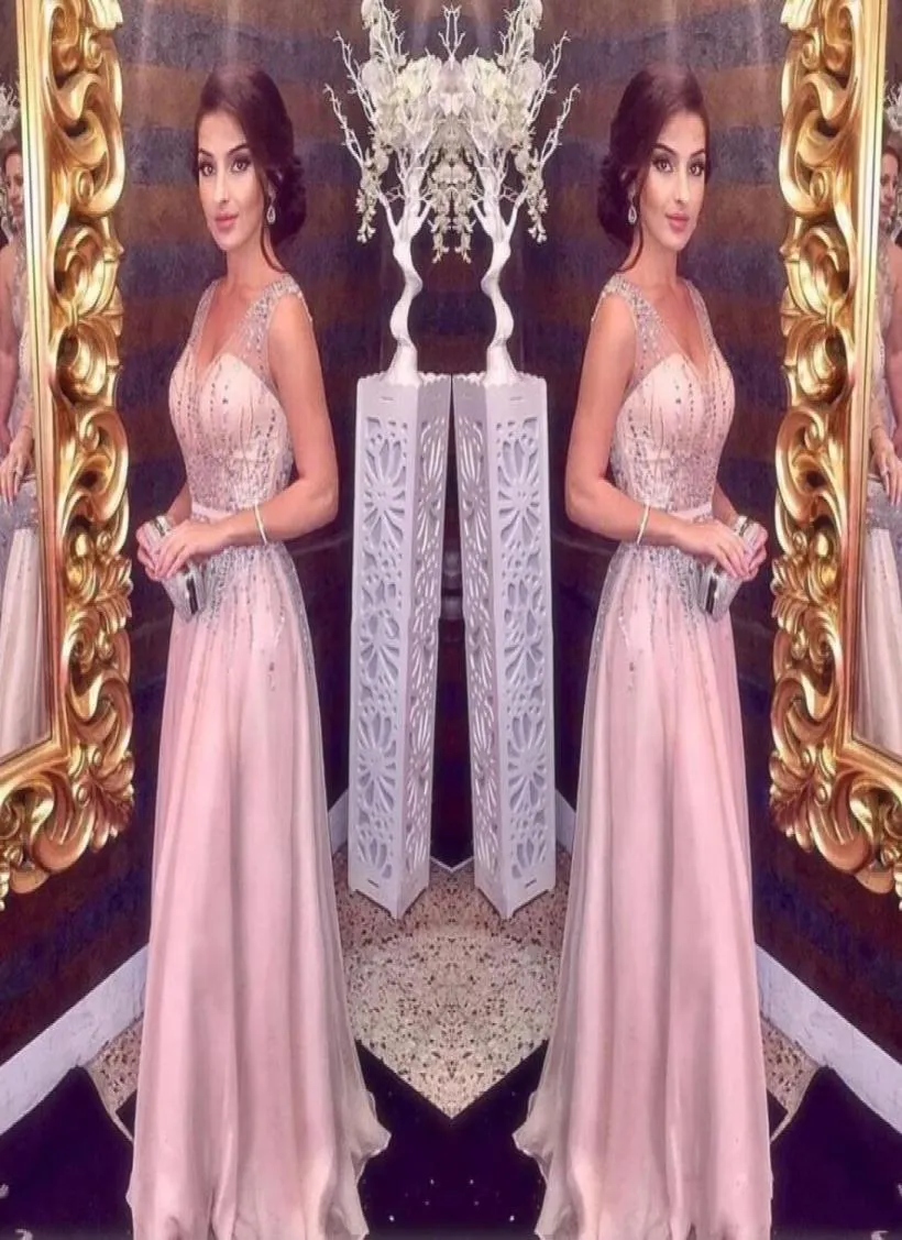 Élégant Blush Rose Robes De Soirée Longue 2022 ALine Bretelles Sexy Col En V Major Perles Prom Party Tapis Rouge Robe Filles Pageant Gow3219656