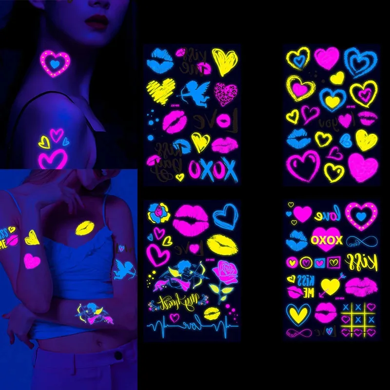 Adesivo per San Valentino Tatuaggi Temporanei Fluorescenti Incandescenti Adesivi per amore Festa di nozze Night Bar Tatuaggi Body Art Decor 240311