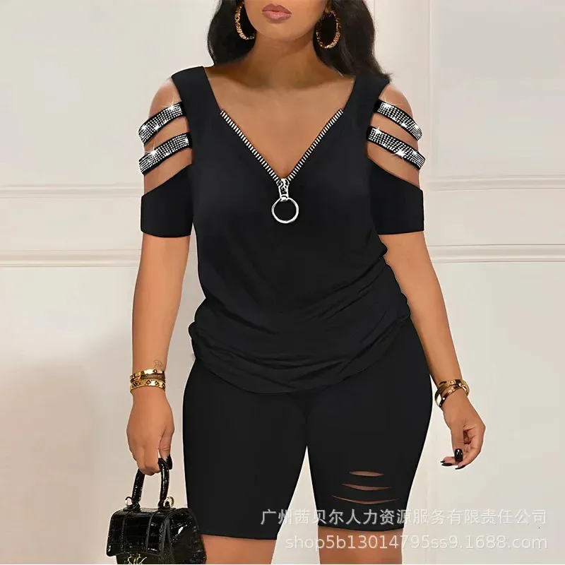 Rhinestone Cold Shoulder Top High midjeshorts Set Women Summer Two Piece Suits High midjeshorts Set Print Tops 240311