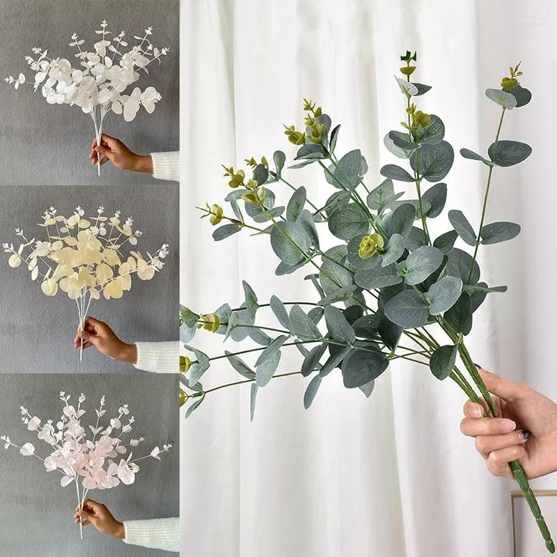 Dekorativa blommor 16-gaffel konstgjord eukalyptus bladgren bröllop hall blommor arrangemang dekor 16 huvuden simulering gröna växter